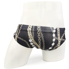 Black swim trunks by MetroMaleWear with bold gold and silver chain pattern and circular medallions for classic style