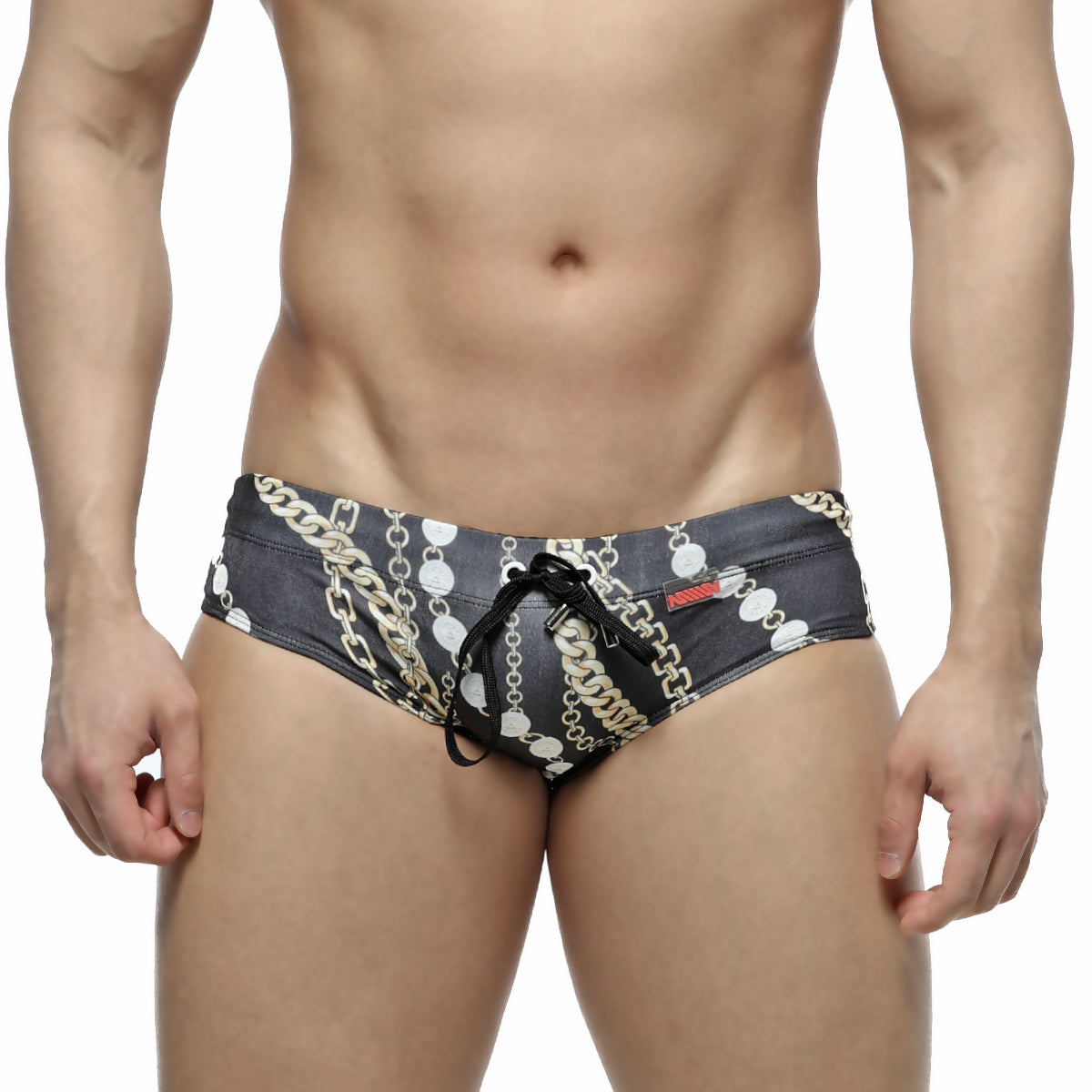 MetroMaleWear classic swim brief Rico 4914-95 black with bold gold and white chain-link pattern and matching drawstring