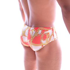 MetroMaleWear classic swim brief Lujos red in red and white with bold gold chain and anchor pattern swim trunks