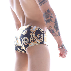 MetroMaleWear classic swim brief Egipto 4914-99 black and gold baroque patterned ornate swim trunks front view