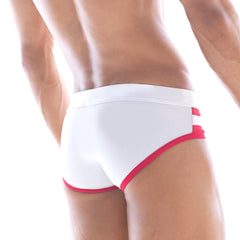 MetroMaleWear Bandera swim brief white swim trunks with bold red trim on waistband and leg openings