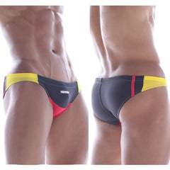 Black and yellow swim trunks with red accents and agnix branding from MetroMaleWear California swim bikini black 4921-20