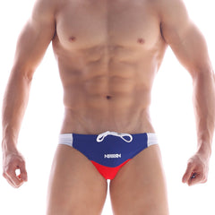 MetroMaleWear California swim bikini navy 4921-28 features blue and red trunks with white side panels and matching drawstring