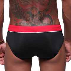MetroMaleWear Bing sport swim brief black with vibrant red waistband and thin white trim for active swimming