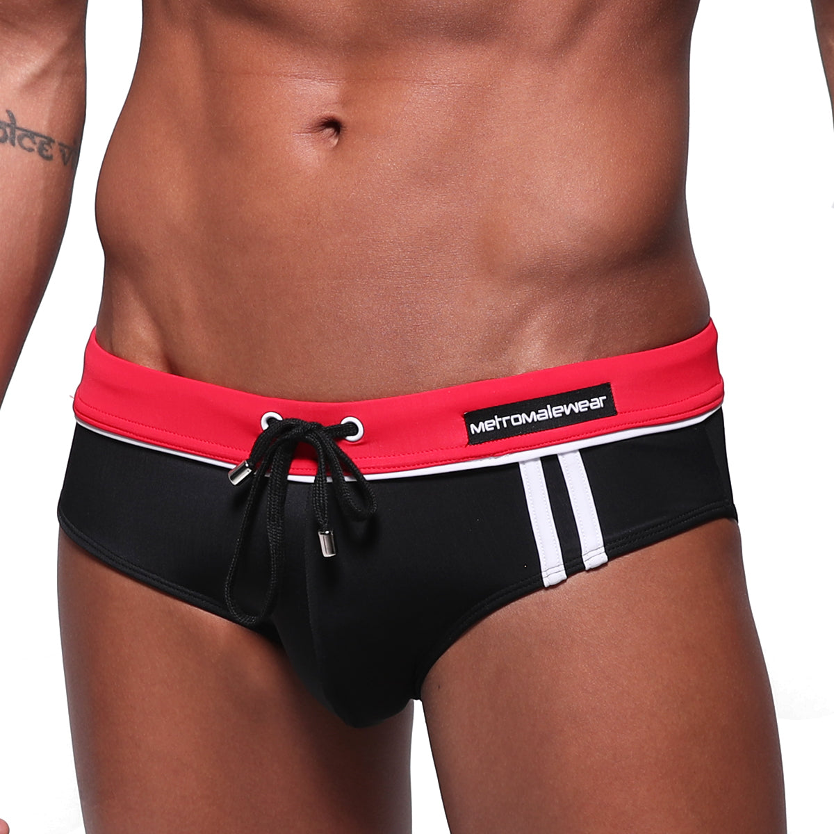 MetroMaleWear bing sport swim brief black with red waistband white side stripes and black drawstring ties