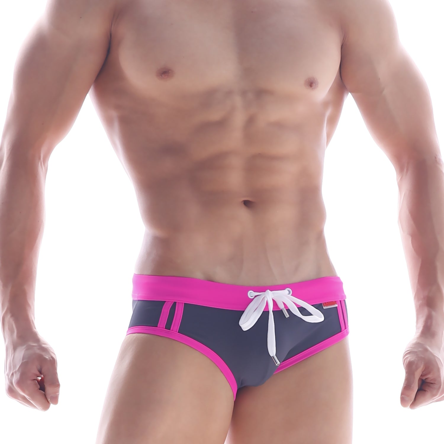 MetroMaleWear deporte swim brief grey 4924-11 bright pink and navy blue trunks with white drawstring for swimming