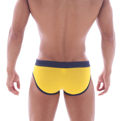 MetroMaleWear deporte swim brief yellow 4924-15 with bright yellow fabric and navy blue waistband and trim
