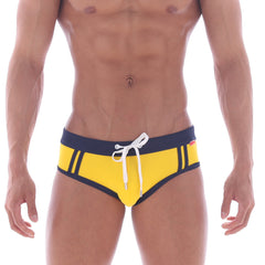 MetroMaleWear Deporte swim brief yellow with bright yellow fabric navy blue trim and white drawstring for swimming