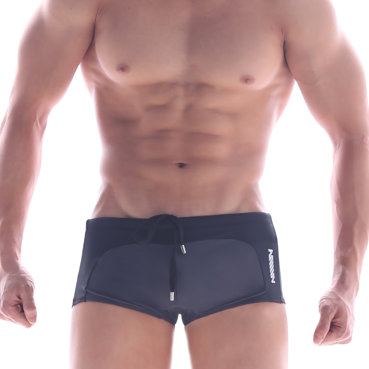Dark navy swim trunks with sleek modern design and white logo on the side metroMalewear arc swim boxer heather 4925-11