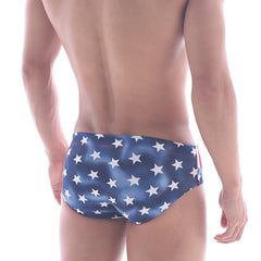 Blue MetroMaleWear American swim brief 4928-90 with white star pattern swim trunks for men
