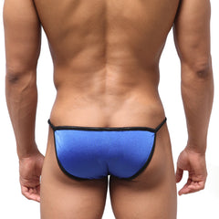 Blue metallic swim bikini with black trim from MetroMaleWear designed for stylish swimwear use