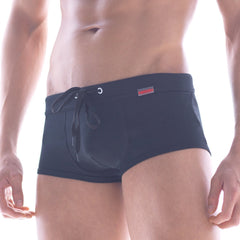 MetroMaleWear classic swim trunk black with drawstring waistband and small red logo on the side