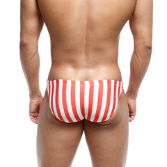 MetroMaleWear classic swim bikini in red and white vertical stripes designed for comfortable beachwear
