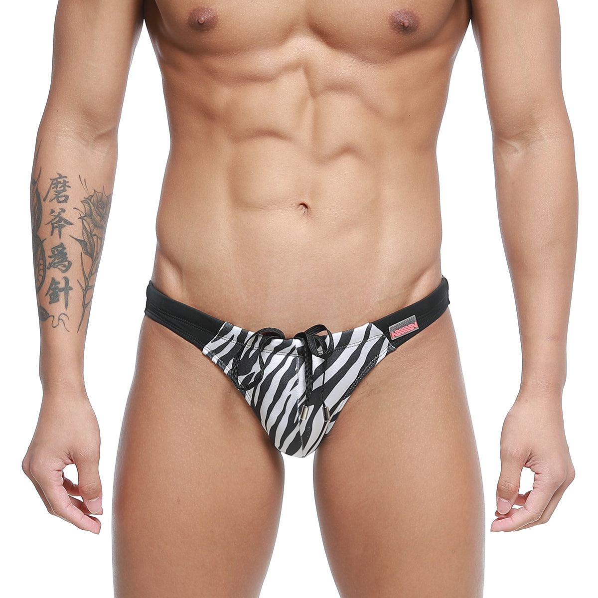 MetroMaleWear classic swim bikini zebra 4937-35 black and white zebra-striped swim trunks with black waistband and drawstring