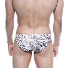 Metro male wear classic swim bikini hoja 4937-54 men’s swim trunks with tropical leaf pattern in white black and soft pink stretchy fabric