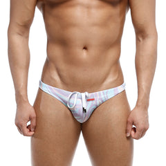 Pastel-colored MetroMaleWear Classic swim bikini swirl 4937-61 swim trunks with subtle iridescent pattern and white drawstring