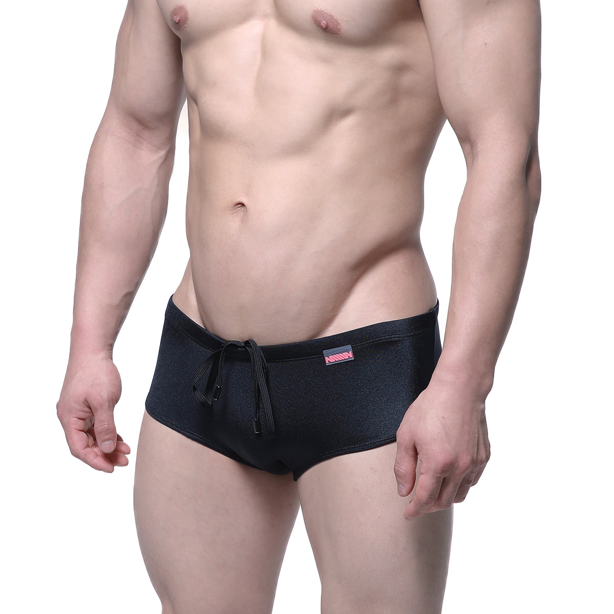 Black metromalewear charlie swim brief with drawstring waistband and small pink logo on the side in onyx color