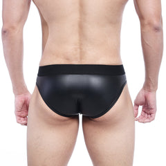 Black glossy faux leather MetroMaleWear camouflage swim briefs with smooth sleek design and elastic waistband