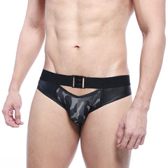 Black leather trimmed MetroMaleWear camouflage swim briefs with mesh panel and matching belt buckle front view