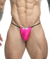 Vibrant pink satin Justin + Simon classic g-string bulge thong with black elastic waistband and white brand label visible