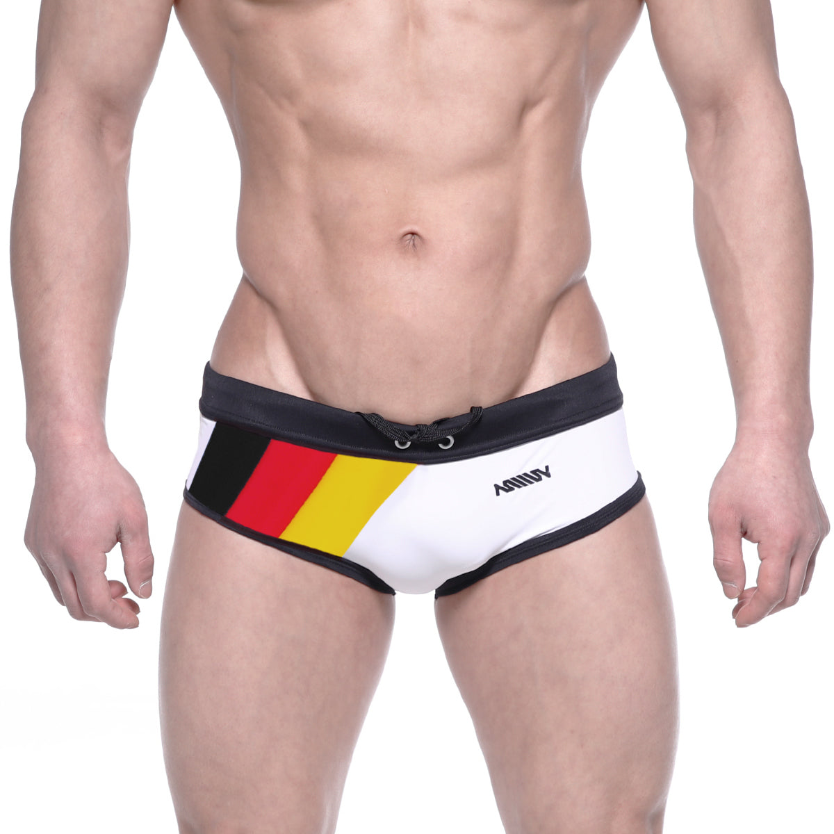 White swim trunks with black trim and bold german flag design on the side featuring ammy branding metroMalewear 4960-41