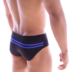 MetroMaleWear Alora swim brief black with two bold blue stripes across the waistband for stylish swimwear use
