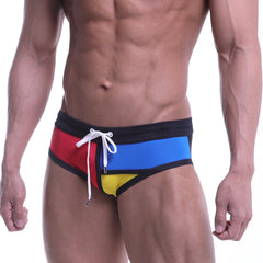 MetroMaleWear COLORS swim brief black 4976-20 vibrant multicolored panels with black trim and white drawstring for swimming