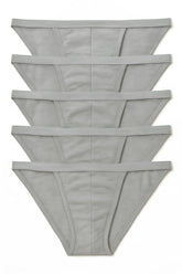 Five light gray cotton contour cutaway bikini thong underwear pieces neatly stacked in a 5-pack for comfort