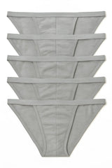 Five light gray cotton contour cutaway bikini thong underwear pieces neatly stacked in a 5-pack for comfort