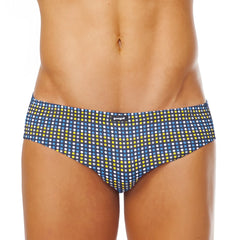 Blue and yellow polka dot men’s swim trunks with black brand tag from papi assorted low rise brief underwear pack size m