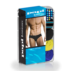 5 pack papi assorted low rise briefs in black yellow and blue made from premium cotton size medium