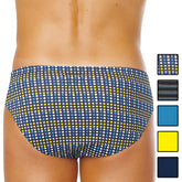 Blue and yellow polka dot swim trunks with dark navy base from papi low rise brief underwear pack size m