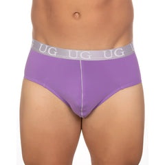 Purple undergear basix brief with gray waistband and white ug logo part of 5 pack underwear set