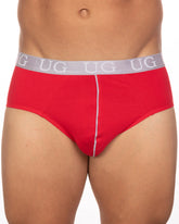 Red briefs with gray waistband featuring ug logo and white center seam from 5-pack Undergear Basix brief collection