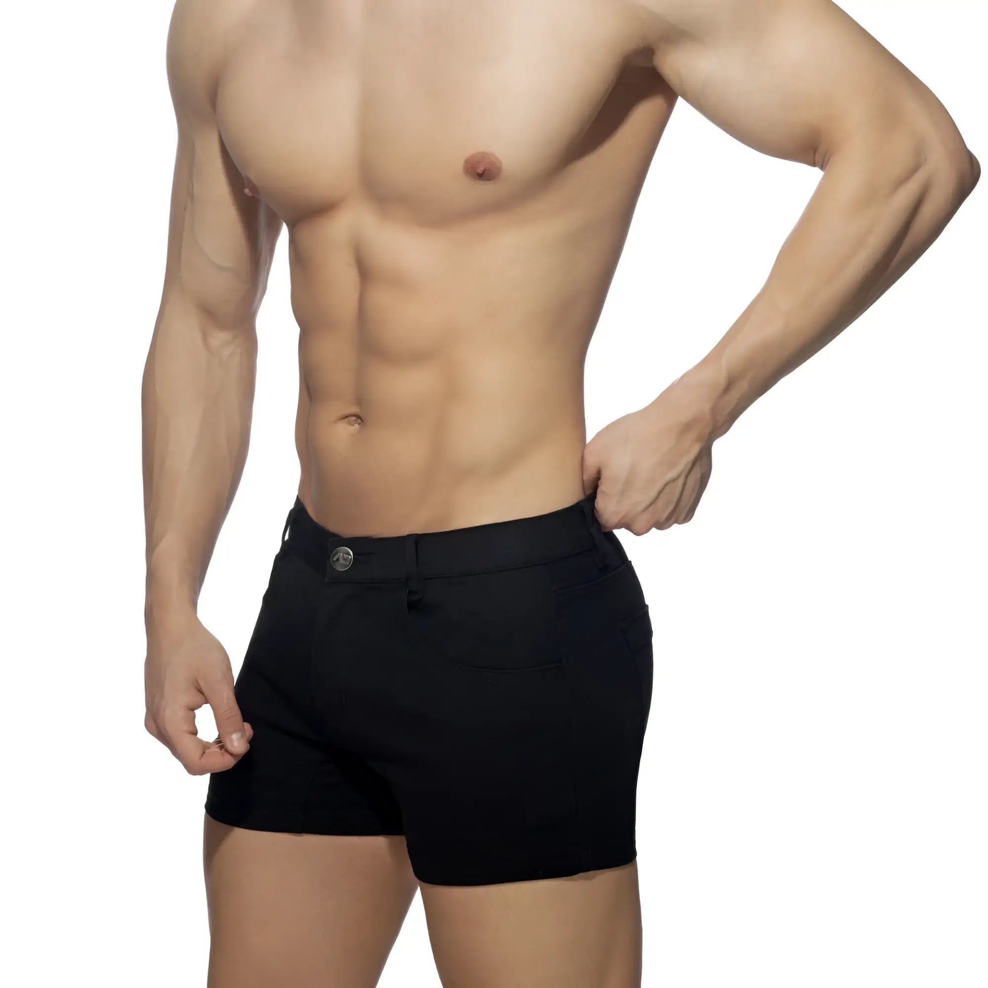 Black tailored 5 pockets summer shorts with a sleek modern design and subtle metallic button at the waistband