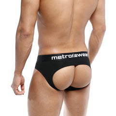 Black metrowear apolo jock strap with white logo band across waistband showing front side