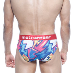 Vibrant metro2wear atractivo hip brief 5003-33 in bold pink blue yellow lightning bolt pattern with red branded waistband