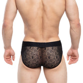 MetroMaleWear Agnes brief black 5003-34 black lace briefs with floral pattern and solid black elastic waistband