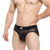 MetroMaleWear Agnes brief black 5003-34 men’s black lace trimmed briefs with solid waistband and floral pattern