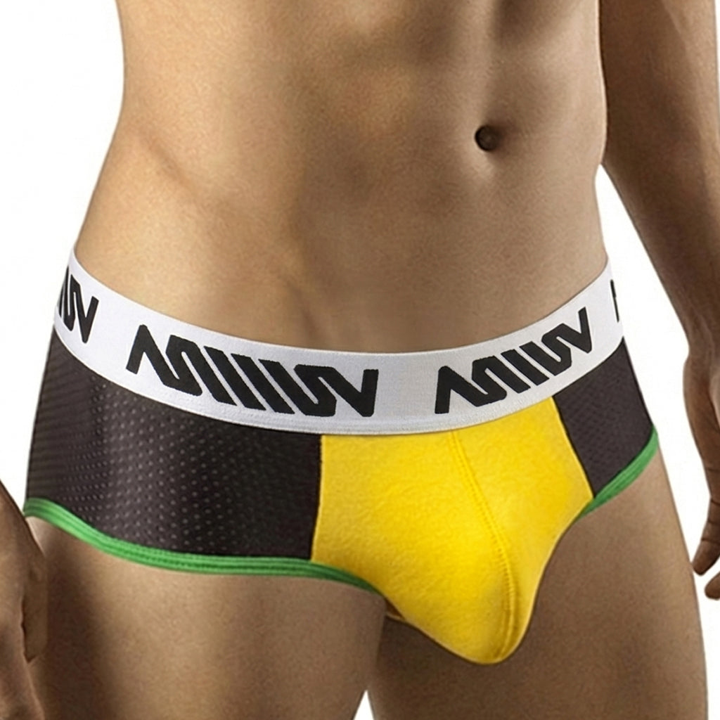 Black and yellow MetroMaleWear Brazil hip brief with white waistband and bold black lettering accented by green trim