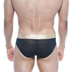 Black lace men’s briefs with gold waistband and mehear branding metro malewear carve hip brief black 5003-61