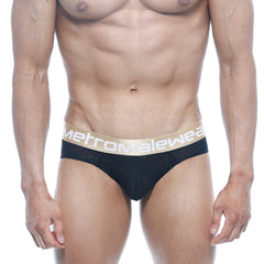 Black lace metro male wear carve hip brief in black with gold waistband and metromalewear logo model 5003-61