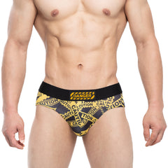 Men’s briefs with black and yellow caution tape pattern and danger label on waistband by Metromalewear