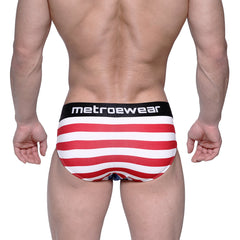 Men’s briefs with red and white stripes and a black metroewear waistband from MetroMaleWear Avengers Hip Brief 5003-93