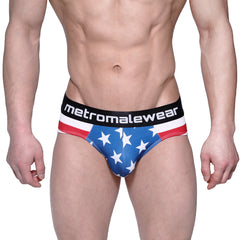 Metro male wear avengers hip brief 5003-93 blue american flag briefs with white stars red stripes and black waistband