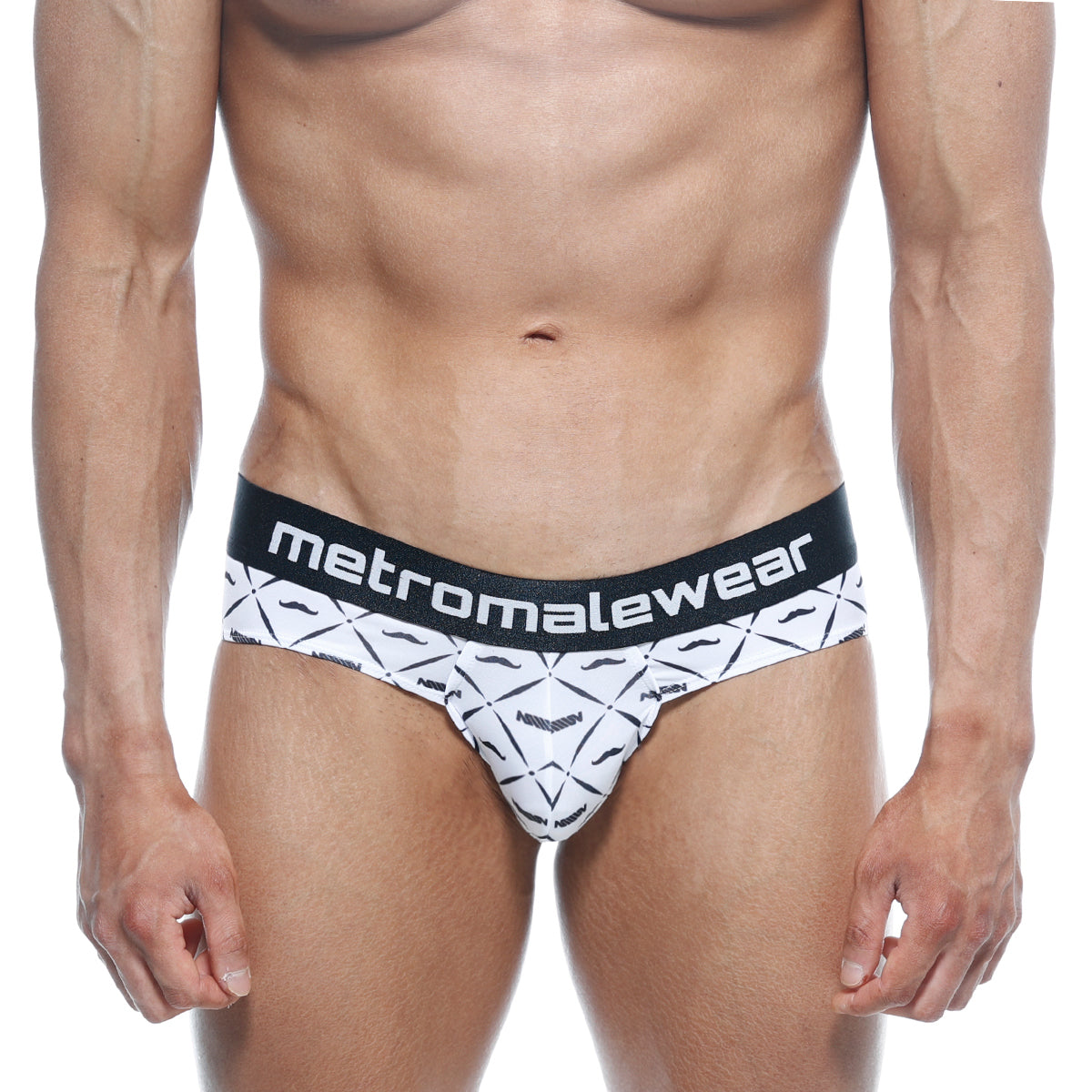 White briefs with black geometric mustache pattern and metromalewear waistband from metro malewear brief caballero 5006-03