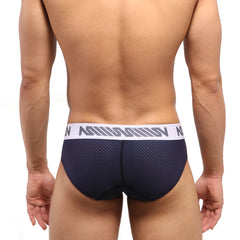 Navy blue MetroMaleWear active mesh hip briefs with white elastic waistband and gray n branding in front view