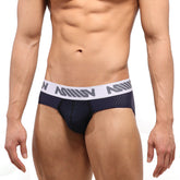 Navy blue mesh MetroMaleWear active hip briefs with a white elastic waistband featuring gray miiow branding