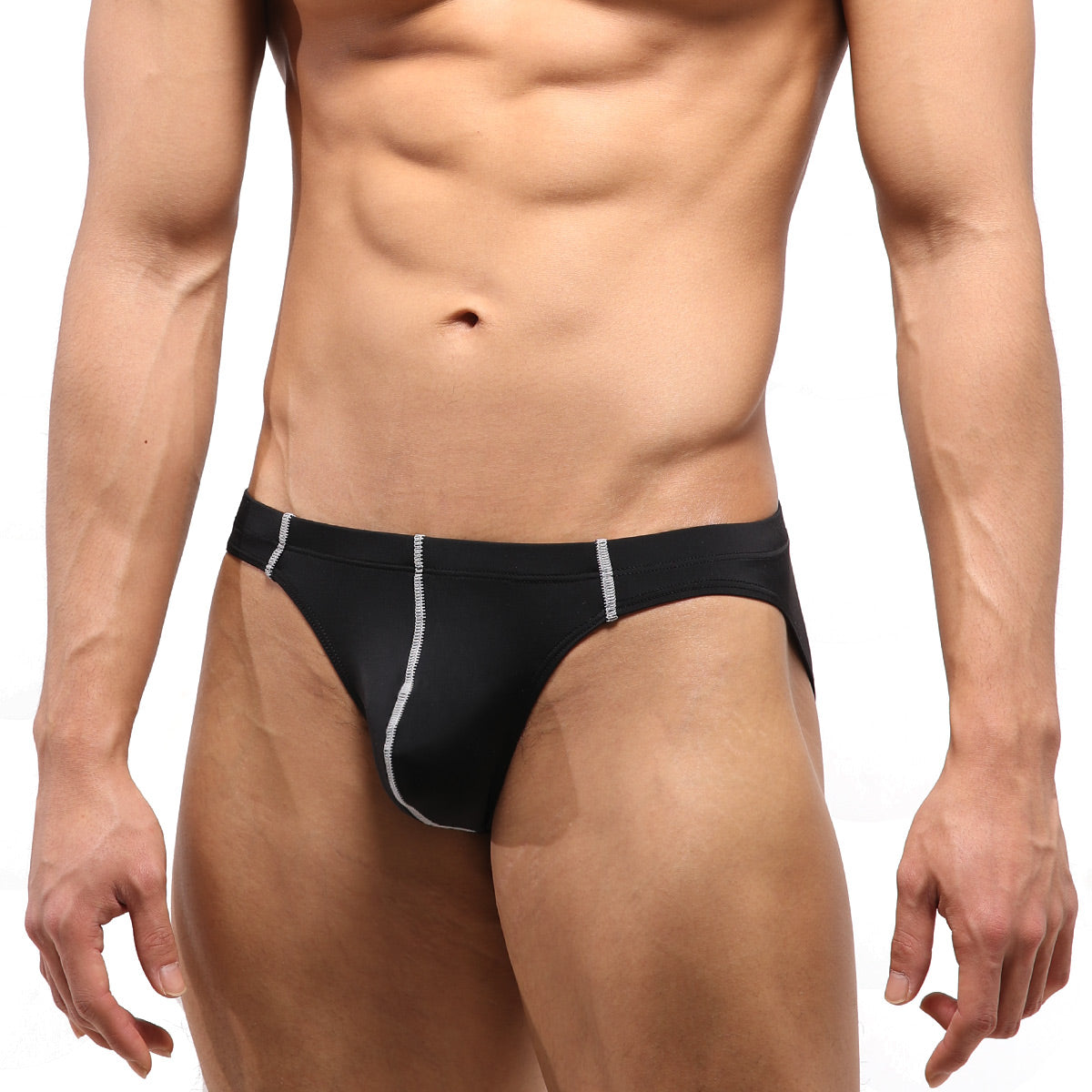 MetroMaleWear European hip brief black with silver stitching along waistband and leg openings for stylish comfort