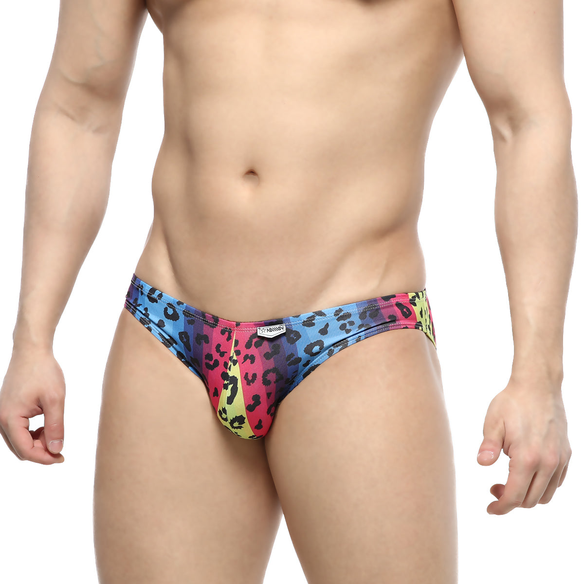 Vibrant rainbow-colored leopard-print snug swim trunks from MetroMaleWear Colorado Jock Strap Neon 5011-05